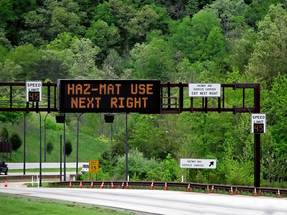 hazmat use right lane sign