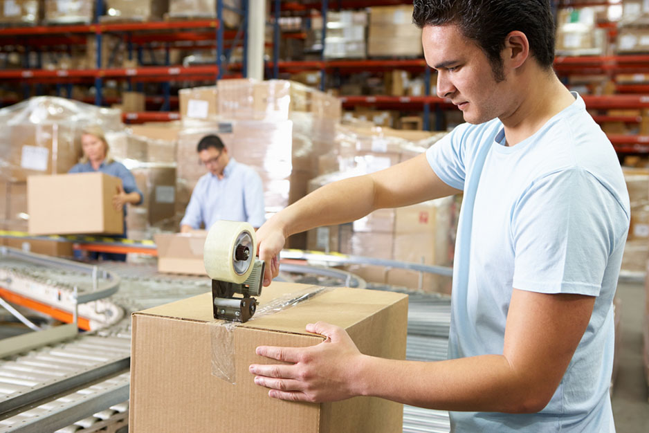 packaging a box in a warehouse