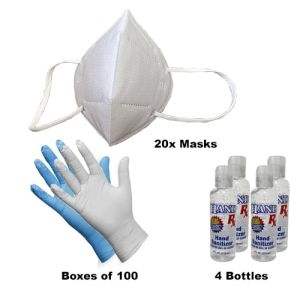 Advanced 20 Care Pack  (Pack of 20 - KN95 Mask, Box of 100 Large Latex Gloves, and 4 Bottles of Hand Sanitizer 4 oz)