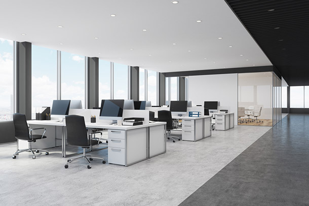 Side view of white and black open space office interior
