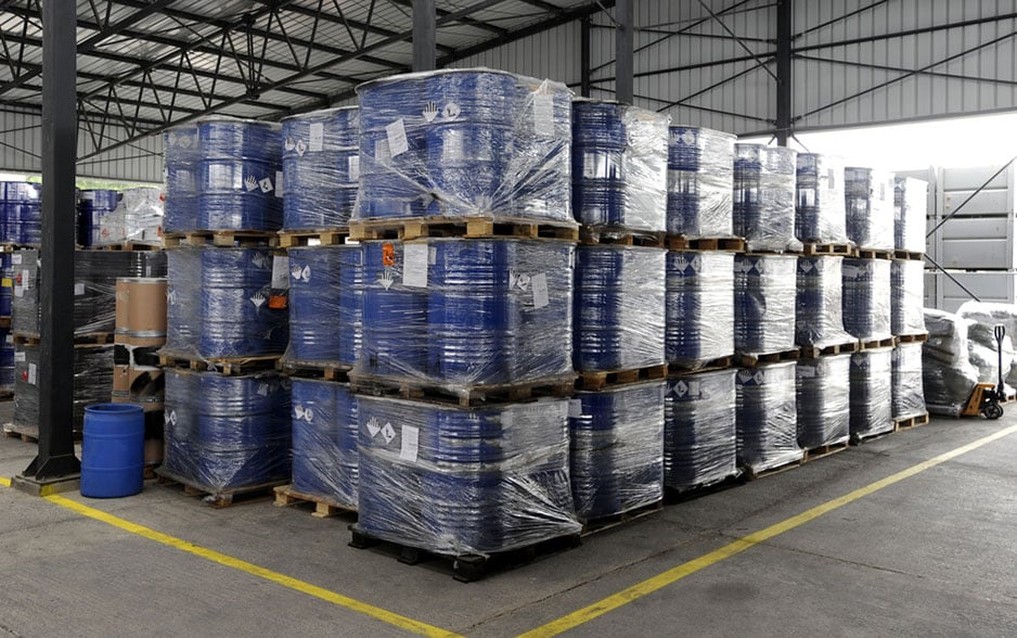 barrels wrapped in warehouse