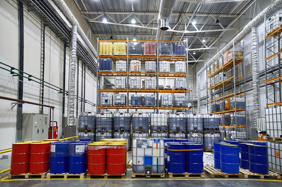 drums on pallets in warehouse