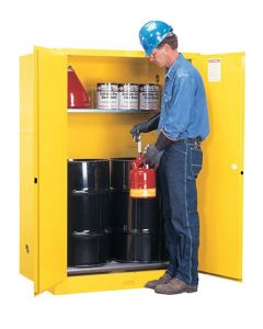 Sure-Grip® EX Vertical Drum Safety Cabinet and Drum Rollers, Cap. 60 gal., 1 shlf, 2 m/c doors, Yellow.