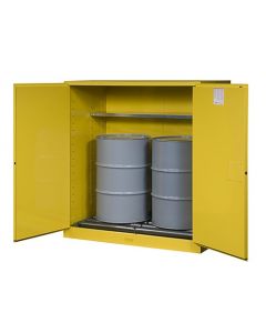Sure-Grip® EX Vertical Drum Safety Cabinet and Drum Rollers, Cap. 110 gal., 1 shlf, 2 s/c drs, Yellow.