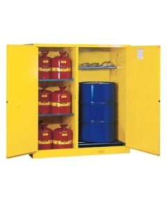Sure-Grip® EX Dbl-Duty Safety Cabinet w/Drm Rlrs, partition/store drum/can, 3 shlvs, 2 m/c drs, Yellow.