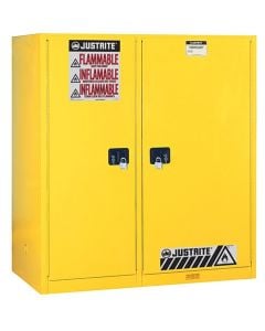 Sure-Grip® EX Dbl-Duty Safety Cabinet w/Drm Rlrs, partition/store drum/can, 3 shlvs, 2 s/c drs, Yellow.