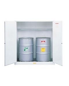 Flammable Waste Vertical Drum Safety Cabinet, Steel, Cap. 110-gallons, 1 shelf, 2 m/c doors, White.