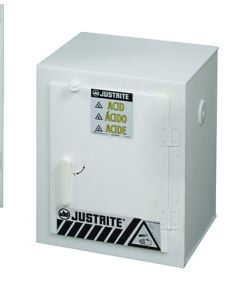 Countertop corrosives/acid safety cabinet, Cap. six 2-1/2 liter bottles, 1 door, poly, White.