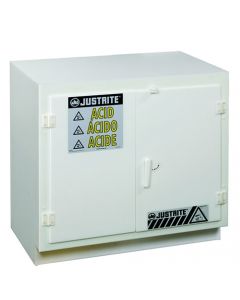 Undercounter corrosives/acid safety cabinet, Cap. thirty-six 2-1/2 ltr bottles, 2 door, poly, White.