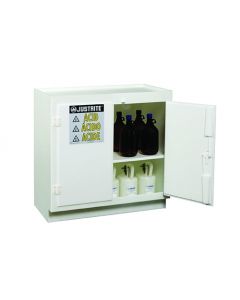 Freestanding corrosives/acid safety cabinet, Cap. thirty-six 2-1/2 ltr bottles, 2 door, poly, White.