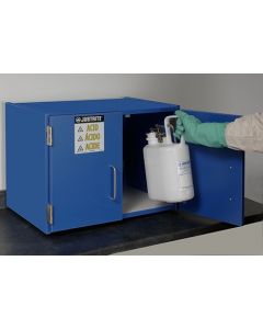 Wood laminate corrosives Countertop safety cabinet, Cap. six 2-1/2 liter bottles, 2 doors, Blue.