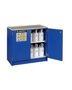 Wood laminate corrosives Undercounter safety cabinet, Cap. thirty-six 2-1/2 ltr bottles, 2 dr, Blue.