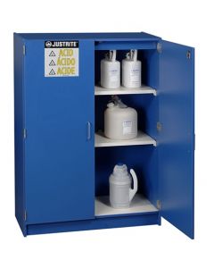 Wood laminate corrosives safety cabinet, Cap. forty-nine 2-1/2 liter bottles, 2 doors, Blue.