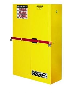 High Security Flammables Safety Cabinet wsteel bar, Cap. 45 gals., 2 shelves, 2 mc doors, Yellow.