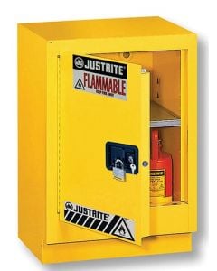 Under Fume Hood solvent/flammable liquid safety cabinet, Cap. 15 gal., 1 shlf, 1 m/c lft door, Yellow.