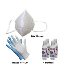 Advanced 20 Care Pack  (Pack of 20 - KN95 Mask, Box of 100 Large Latex Gloves, and 4 Bottles of Hand Sanitizer 4 oz)