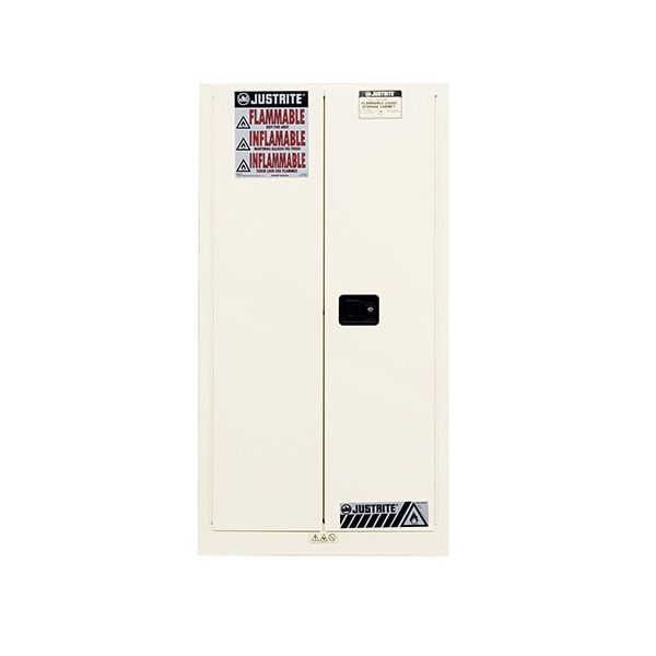 Sure-Grip® EX Flammable Safety Cabinet, Cap. 60 gallons, 2 shelves, 2 manual-close doors, White.