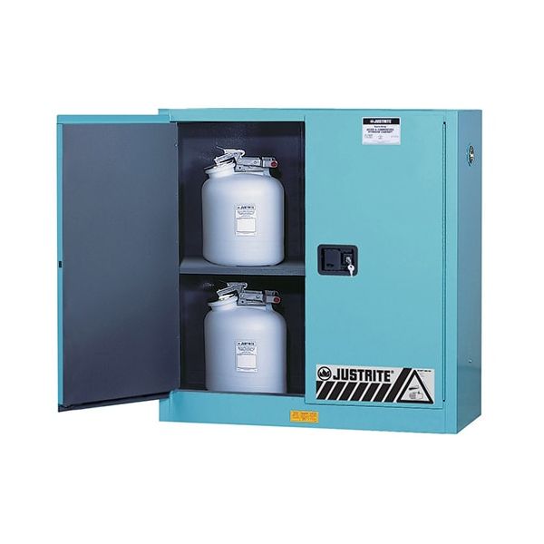 ChemCor® Corrosives/Acids Safety Cabinet, Cap. 30 gallons, 1 shelf, 2 manual-close doors, Blue.