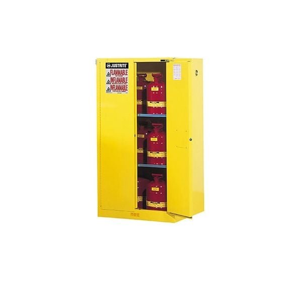 Sure-Grip® EX Flammable Safety Cabinet, Cap. 60 gallons, 2 shelves, 2 self-close doors, Yellow.