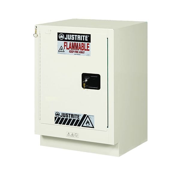 ChemCor® Under Fume Hood Corrosives/Acids Safety Cabinet, Cap. 15 gal, 1 shlf, 1 m/c lft door, LtNu.