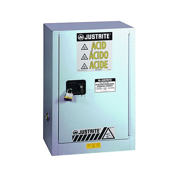 ChemCor® Under Fume Hood CorrosivesAcids Safety Cabinet, Cap. 15 gal, 1 shelf, 1 sc rt. door, Silver.