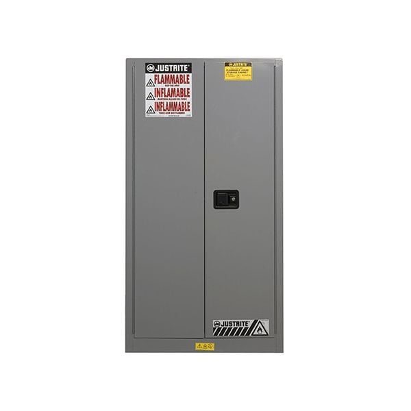 Sure-Grip® EX Flammable Safety Cabinet, Cap. 60 gallons, 2 shelves, 2 self-close doors, Gray.