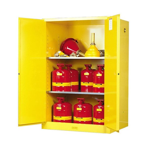Sure-Grip® EX Flammable Safety Cabinet, Cap. 90 gallons, 2 shelves, 2 manual-close doors, Yellow.