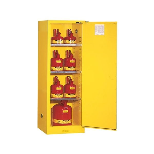 Sure-Grip® EX Slimline Flammable Safety Cabinet, Cap. 22 gallons, 3 shelves, 1 s/c door, Yellow.