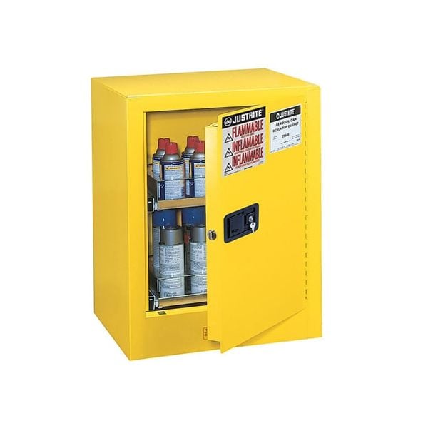 Sure-Grip® EX Benchtop Flammable Safety Cabinet, Cap. 24 aerosol cans, 2 drawers, 1 m/c door, Yellow.