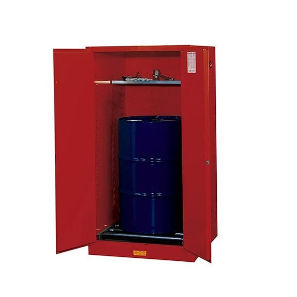 Sure-Grip® EX Vertical Drum Safety Cabinet and Drum Rollers, Cap. 55 gal., 1 shlf, 2 m/c doors, Red.