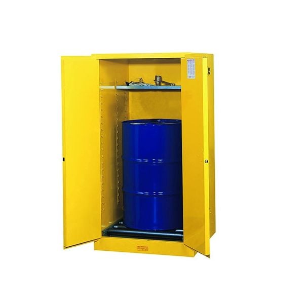 Sure-Grip® EX Vertical Drum Safety Cabinet and Drum Rollers, Cap. 55 gal., 1 shlf, 2 s/c doors, Yellow.