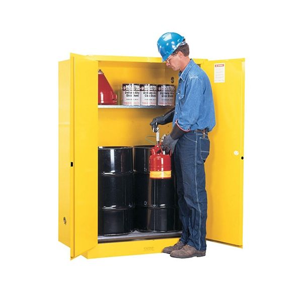 Sure-Grip® EX Vertical Drum Safety Cabinet and Drum Rollers, Cap. 60 gal., 1 shlf, 2 m/c doors, Yellow.