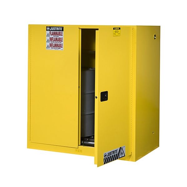 Sure-Grip® EX Vertical Drum Safety Cabinet and Drum Rollers, Cap. 60 gal., 1 shlf, 2 s/c doors, Yellow.