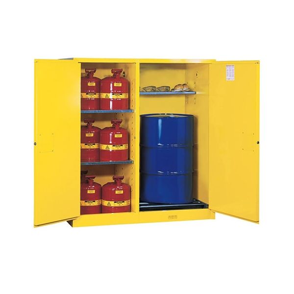 Sure-Grip® EX Dbl-Duty Safety Cabinet w/Drm Rlrs, partition/store drum/can, 3 shlvs, 2 m/c drs, Yellow.