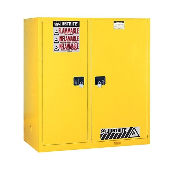 Sure-Grip® EX Dbl-Duty Safety Cabinet w/Drm Rlrs, partition/store drum/can, 3 shlvs, 2 s/c drs, Yellow.