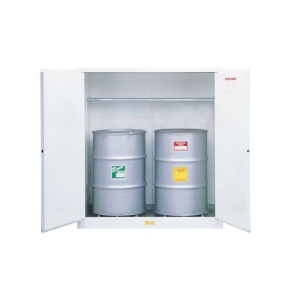 Flammable Waste Vertical Drum Safety Cabinet, Steel, Cap. 110-gallons, 1 shelf, 2 m/c doors, White.