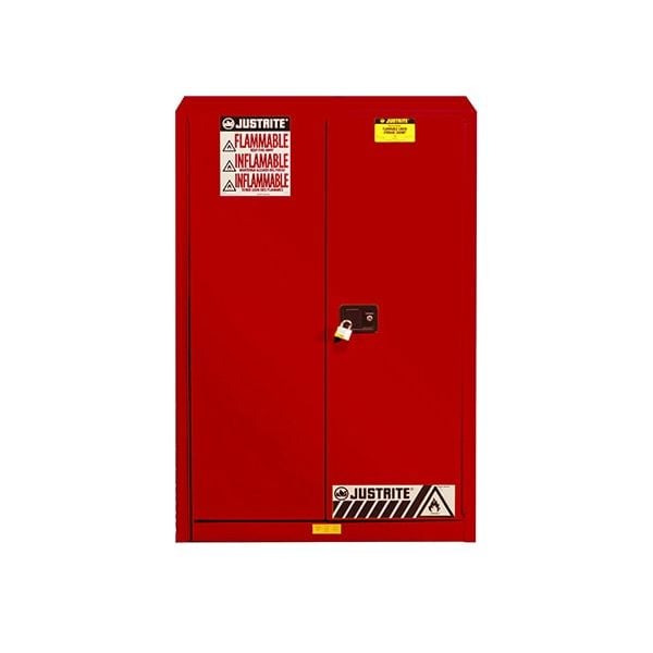 Sure-Grip® EX Flammable Safety Cabinet, Cap. 45 gallons, 2 shelves, 2 self-close doors, Red.