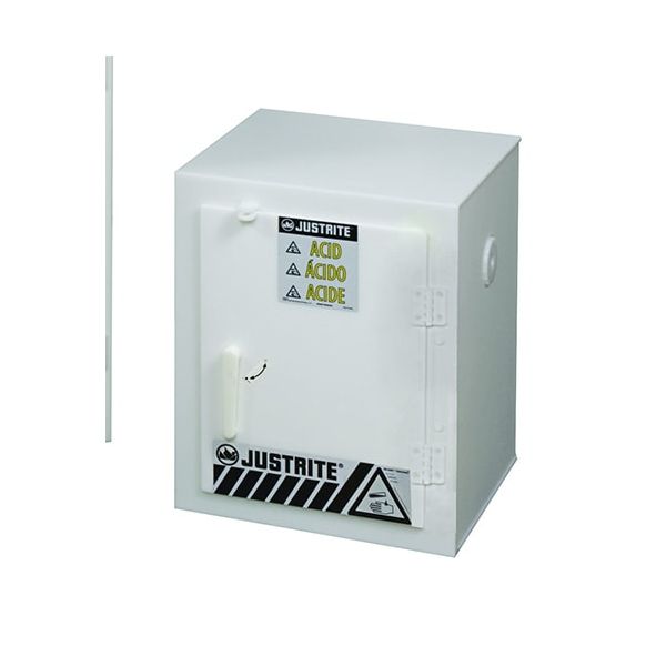 Countertop corrosives/acid safety cabinet, Cap. six 2-1/2 liter bottles, 1 door, poly, White.