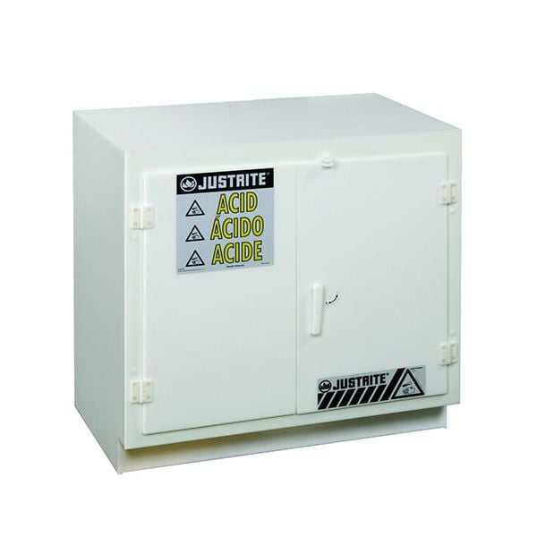 Undercounter corrosives/acid safety cabinet, Cap. thirty-six 2-1/2 ltr bottles, 2 door, poly, White.