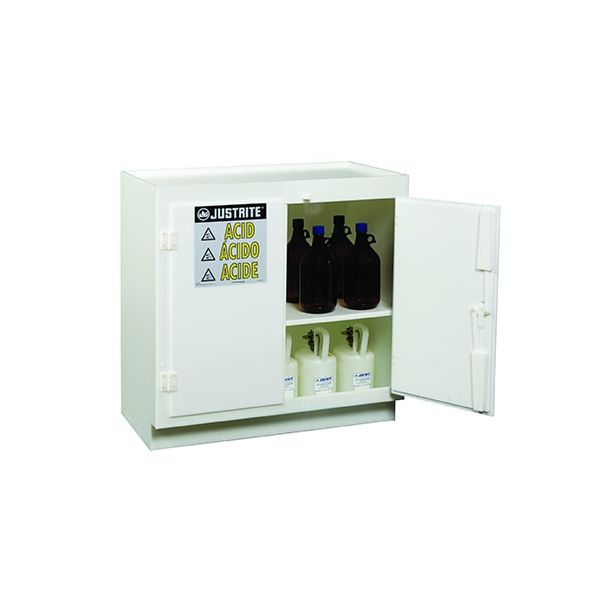 Freestanding corrosives/acid safety cabinet, Cap. thirty-six 2-1/2 ltr bottles, 2 door, poly, White.