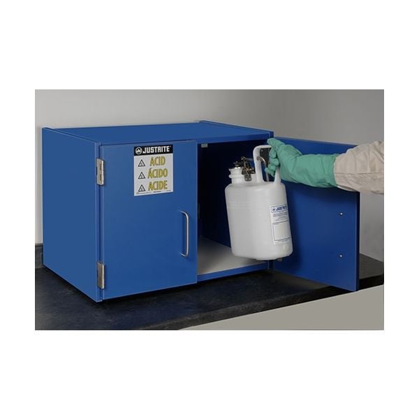 Wood laminate corrosives Countertop safety cabinet, Cap. six 2-1/2 liter bottles, 2 doors, Blue.