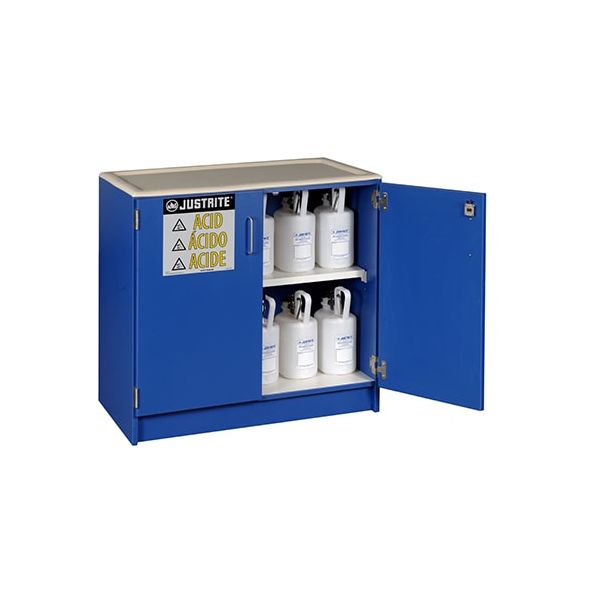 Wood laminate corrosives Undercounter safety cabinet, Cap. thirty-six 2-1/2 ltr bottles, 2 dr, Blue.