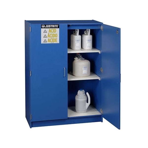 Wood laminate corrosives safety cabinet, Cap. forty-nine 2-1/2 liter bottles, 2 doors, Blue.