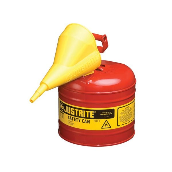 2 Gallon Justrite (7.5L) Steel Compliant Safety Type 1 Can for Flammables w/ Funnel