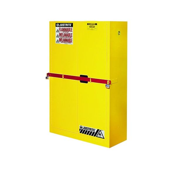 High Security Flammables Safety Cabinet wsteel bar, Cap. 45 gals., 2 shelves, 2 mc doors, Yellow.