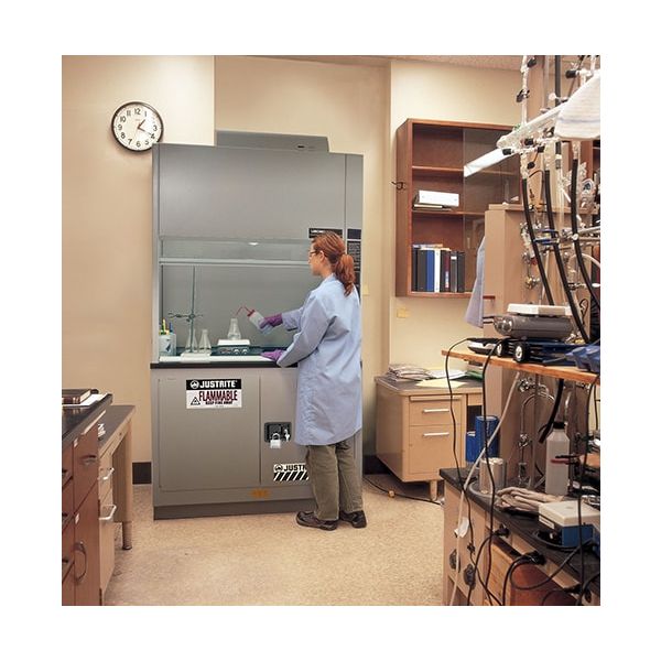 Under Fume Hood solvent/flammable liquid safety cabinet, Cap. 31 gal., 1 shelf, 2 s/c doors, Silver.