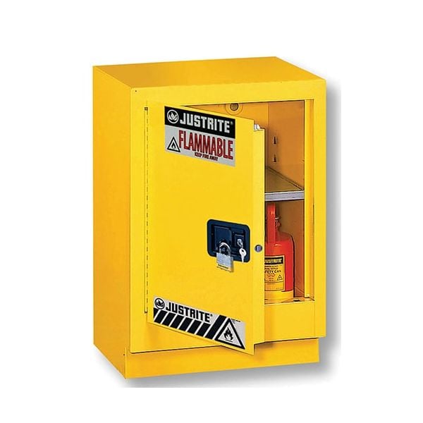 Under Fume Hood solvent/flammable liquid safety cabinet, Cap. 15 gal., 1 shlf, 1 m/c lft door, Yellow.