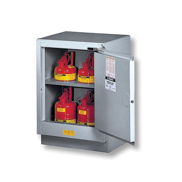 Under Fume Hood solvent/flammable liquid safety cabinet, Cap. 15 gal., 1 shlf, 1 s/c rgt door, Silver.