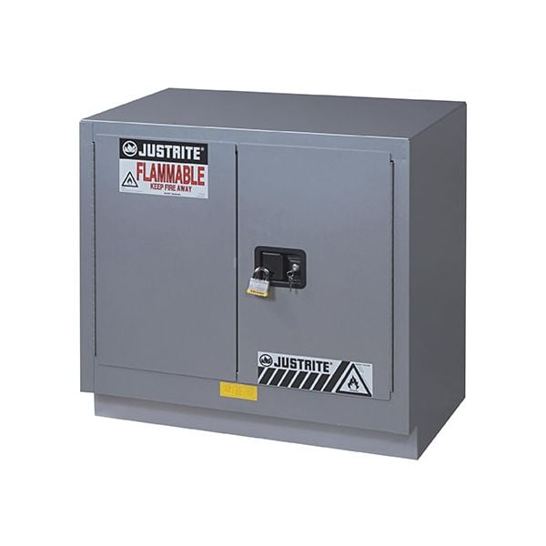 Under Fume Hood solvent/flammable liquid safety cabinet, Cap. 23 gal., 1 shelf, 2 m/c doors, Silver.