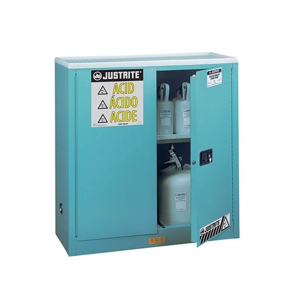 Sure-Grip® EX CorrosivesAcid Stl Safety Cabinet, Dims. 44H, Cap. 30 gal., 1 shlf, 2 mc drs, Blue.